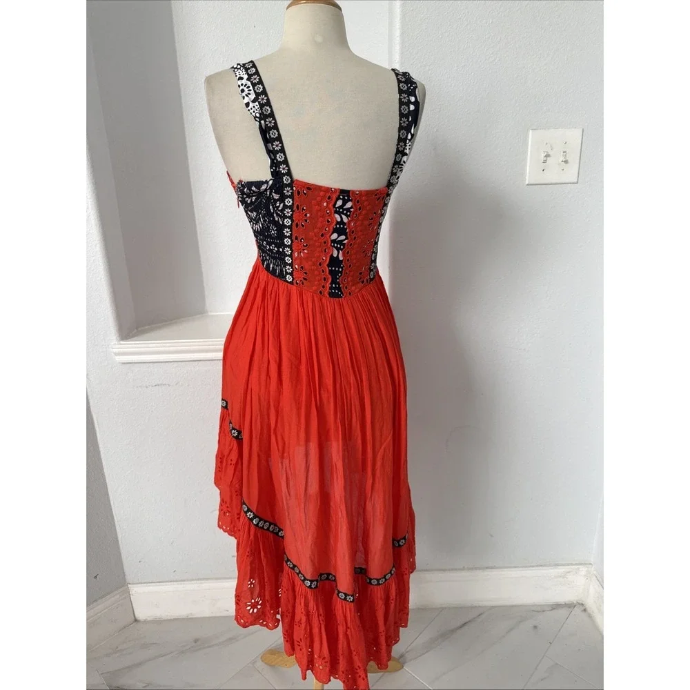 Free People‎ Midi Dress 0 Red Eyelet Bossa Nova Boho Hi-Low Embroidered Festival